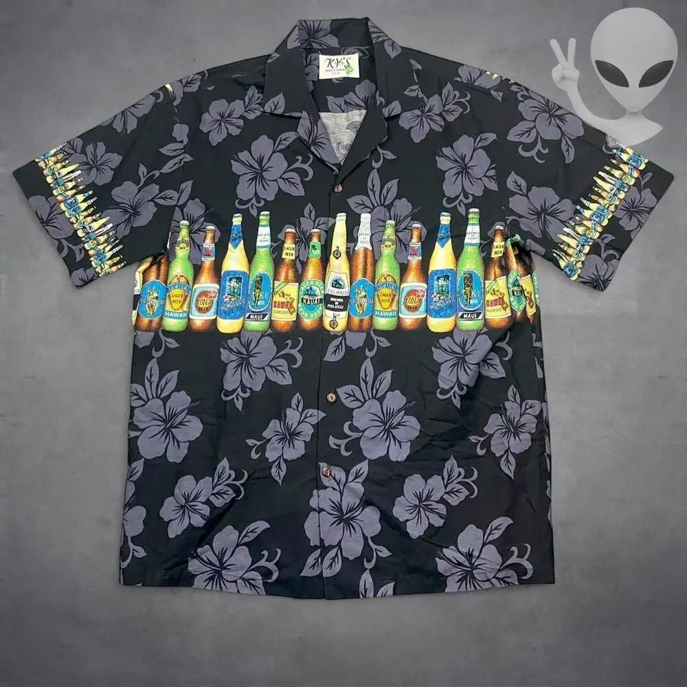 KY'S Hawaiian Shirt Large Black Hibiscus Beer Bottle Border Aloha Print - Picture 1 of 4